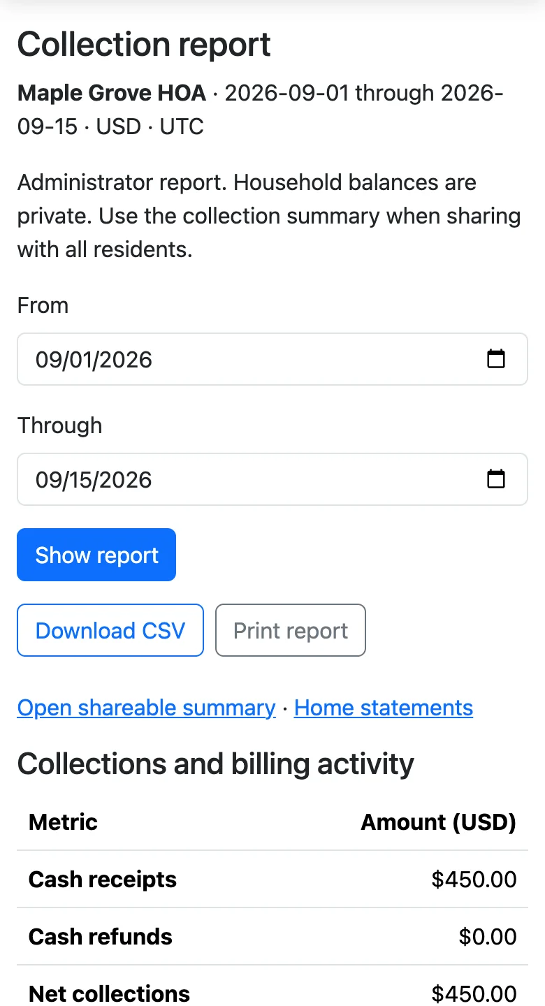 MyHOA: collection reports and home statements
